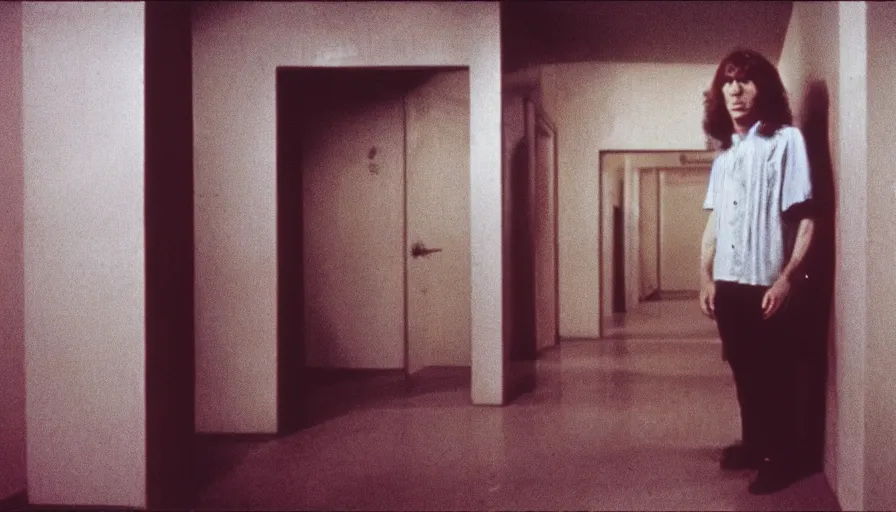 Image similar to 7 0 s film still from a horror movie featuring a person suffering from treacher collins syndrome standing alone in a liminal space, kodachrome, cinecolor, cinestill, photorealism, cinematic, film grain, film texture, vhs recording