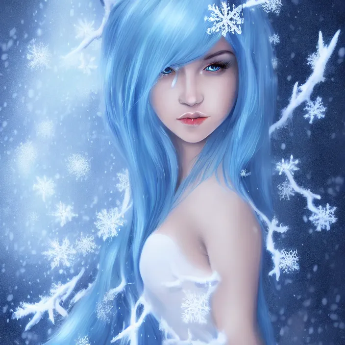 Image similar to full body portrait of a stunningly beautiful woman with pale blue hair wearing a white dress made out of snowflake in the middle of a raging snowstorm. award - winning digital art, trending on artstation