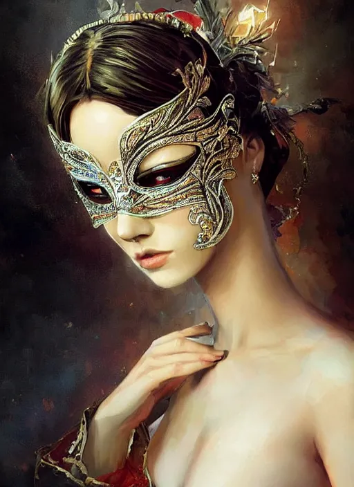 Image similar to a beautiful woman wearing an elaborate masquerade mask and matching ballgown, looking at the viewer with an alluring expression. painting by artgerm and greg rutkowski and magali villanueve