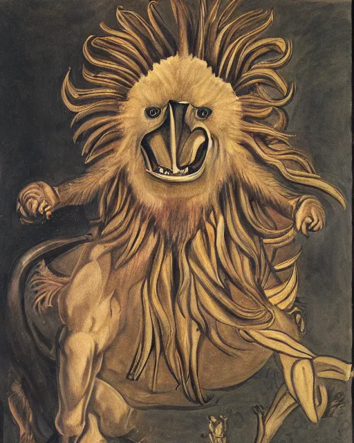 Image similar to human / eagle / lion / ox hybrid with two horns, one big beak, mane, human body. drawn by francis bacon