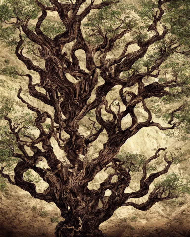 Prompt: Book cover artwork of a mythical wretched tree made of humans growing in the middle of a desert canyon seen from afar.