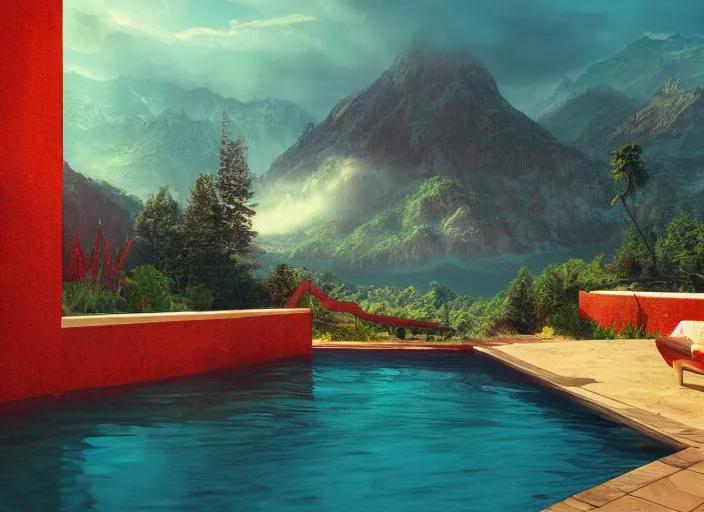 Prompt: tone hut with a swimming pool, mountain landscape, red background, beautiful landscape, dramatic lighting, cinematic, extremly high detail, photorealistic, cinematic lighting, post processed, concept art, artstation, matte painting, style by greg rutkowsky