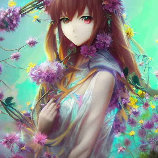 Image similar to Stunning Anime Goddess of the floral river flowers, misty, intricate, beautiful, artstation 8k, high resolution