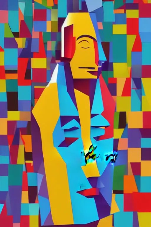 Image similar to cubist moai statue cutout digital illustration cartoon colorful beeple