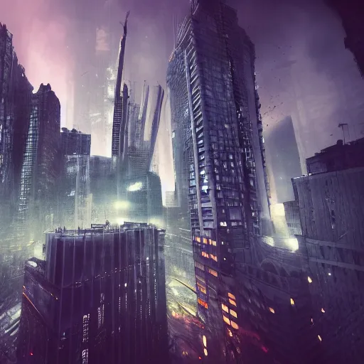 Image similar to an large apocalyptic city with tall buildings, london architecture in the style of liam wong, cinematic, epic environment, wide lens, cinematic lighting