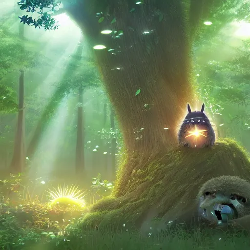 Prompt: A forest with a ray of light shining down onto the forest floor, soot sprouts floating, totoro hiding behind tree, magical, enchanting, graveyard, studio ghibli, beautiful, fantasy, digital art, high detail, excellent quality, 4K, OLED