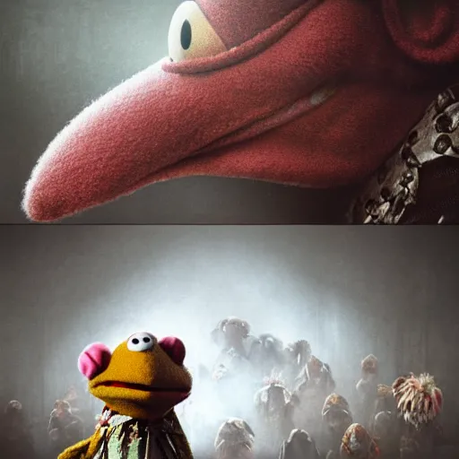 Image similar to the muppets in silent hill, au naturel, hyper detailed, digital art, trending in artstation, cinematic lighting, studio quality, smooth render, unreal engine 5 rendered, octane rendered, art style by klimt and nixeu and ian sprigger and wlop and krenz cushart