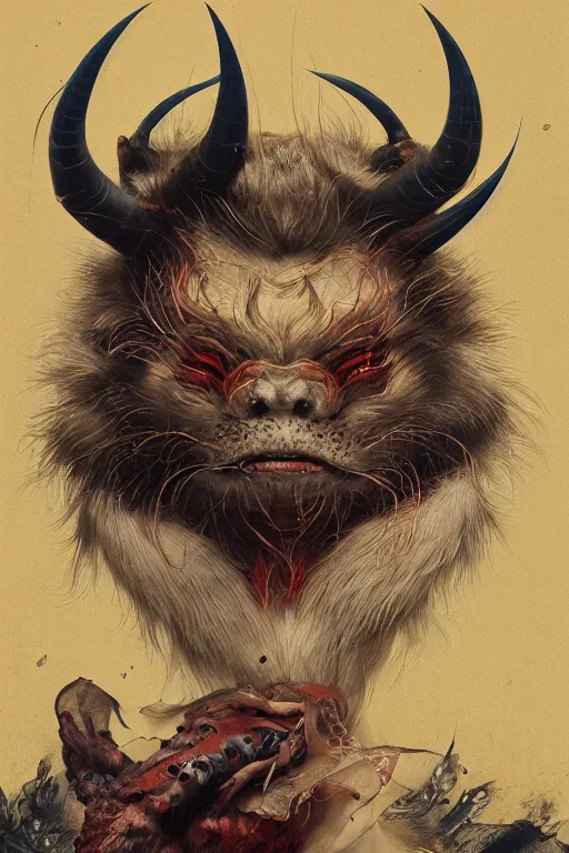 Image similar to a portrait of a japanese devil animal illustrated by miyazaki by karol bak, james jean, tom bagshaw, rococo, sharp focus, trending on artstation, cinematic lighting, hyper realism, octane render, 8 k, hyper detailed, vivid, ultra detailed, highly detailed