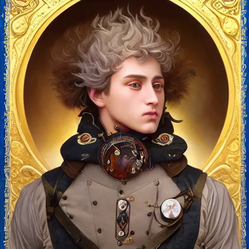 Image similar to a portrait painting of a fantasy steampunk male, highly detailed, art by tristan eaton and artgerm and william - adolphe bouguereau