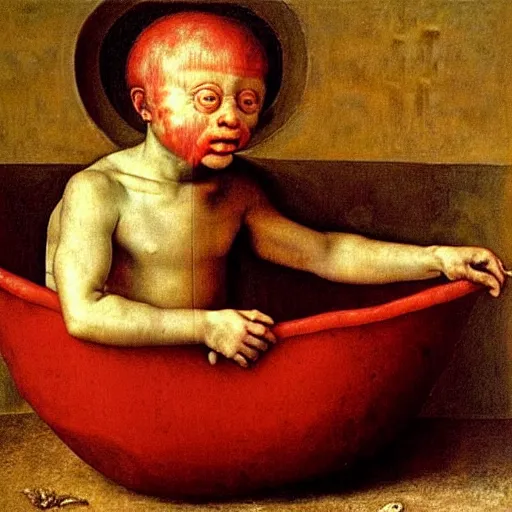 Prompt: a boy sitting in a tub full of tomato sauce, by giuseppe arcimboldo and ambrosius benson, renaissance, highly detailed, a touch of beksinski, fruit, intricate and intense oil paint, realistic