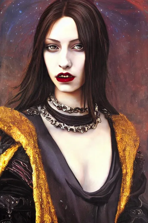 Image similar to hyperrealism oil painting, close - up portrait of european medieval brunette vampire fashion model, knight, steel gradient mixed with nebula sky, in style of baroque