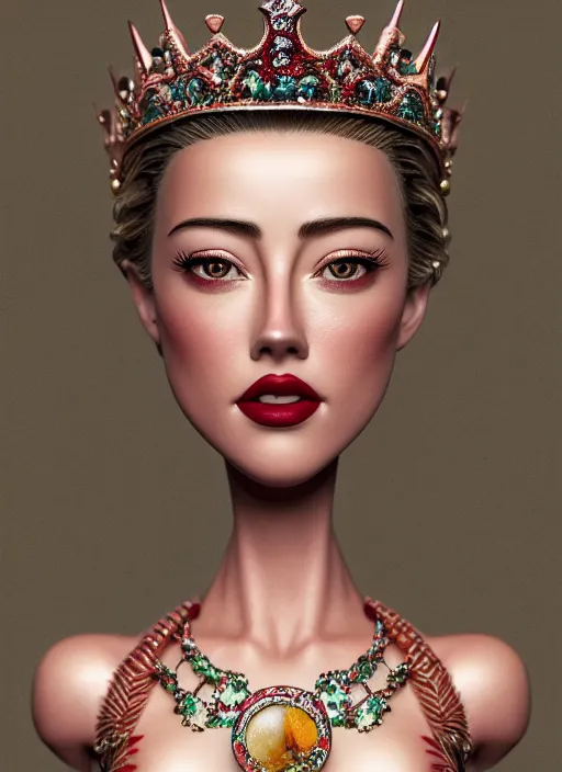 Image similar to closeup face profile portrait of tin toy amber heard as a fairytale princess wearing a crown eating cakes, bikini, depth of field, zeiss lens, detailed, symmetrical, centered, fashion photoshoot, by nicoletta ceccoli, mark ryden, lostfish, breathtaking, 8 k resolution, extremely detailed, beautiful, establishing shot, artistic, hyperrealistic, octane render