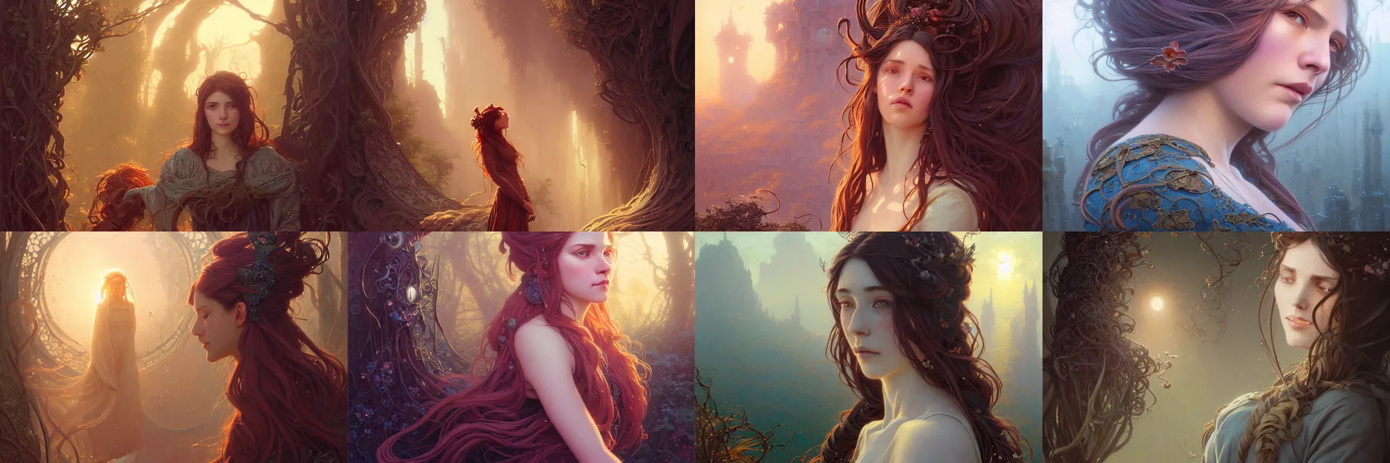 Image similar to highly detailed portrait of a woman with long hairs, stephen bliss, unreal engine, fantasy art by greg rutkowski, art nouveau, loish, rhads, ferdinand knab, makoto shinkai and lois van baarle, ilya kuvshinov, rossdraws, tom bagshaw, alphonse mucha, global illumination, radiant light, detailed and intricate environment