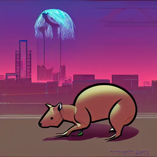 Image similar to synthwave cyberpunk capybara, digital art, mech limbs