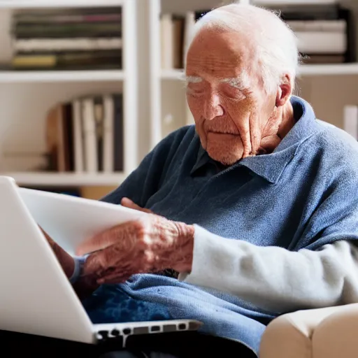 Image similar to casket with elderly man who is browsing internet on laptop from a casket