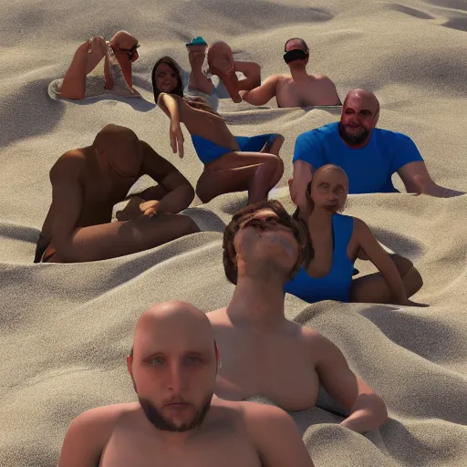 Prompt: A group of Mike Tysons sitting on the beach, photorealistic, insane engine, high definition, 3d render, trending on artstation