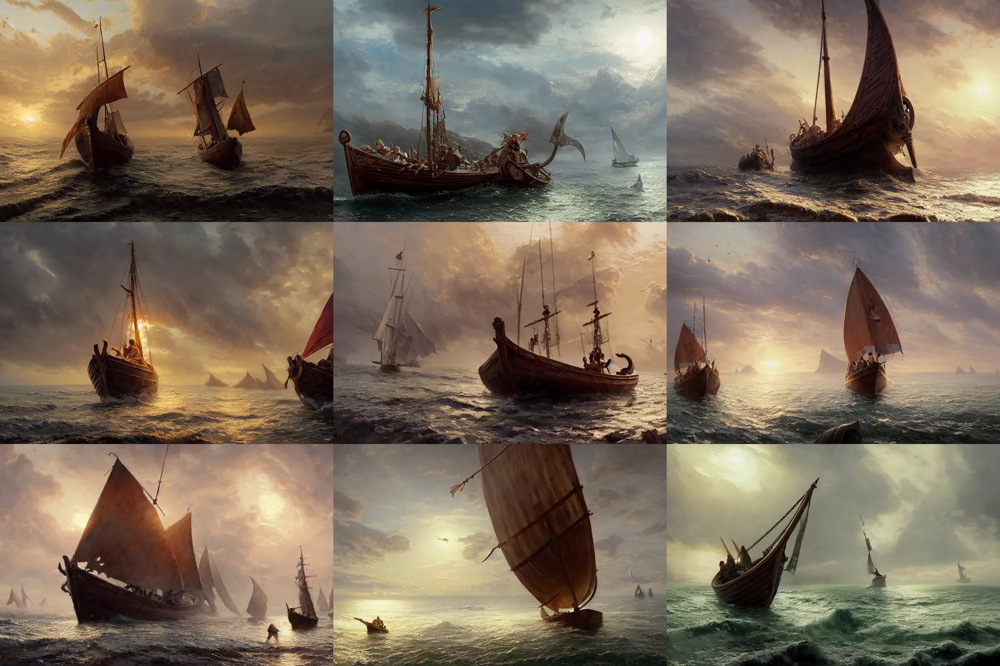 Prompt: painting of a Viking ship with sail by Greg Rutkowski and Thomas Kinkade, cinematic, epic, masterpiece