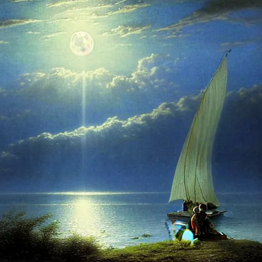 Image similar to an elegant fairy queen in a blue lace dress dancing looking out at a lord of the rings scenery landscape, staring across the sea at a white timber sail boat, evening, god's rays highly detailed, vivid colour, soft clouds, full moon, cinematic lighting, perfect composition, gustave dore, derek zabrocki, greg rutkowski, belsinski