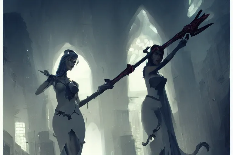 Image similar to seductive goddes holding a grim reapers tool in a modern city in the style of Durand and greg rutkowski, beautiful, geometric, trending on artstation, cinematic