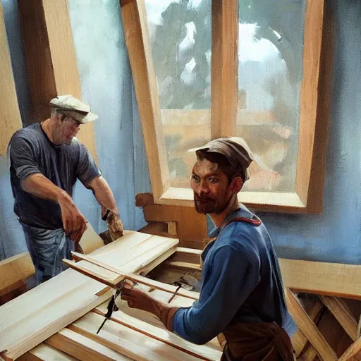 Prompt: greg manchess portrait painting of simple carpenter fine woodworker | building a wooden table in their well organized clean workshop, medium shot, asymmetrical, profile picture, organic painting, sunny day, matte painting, bold shapes, hard edges, street art, trending on artstation, by huang guangjian, gil elvgren, ruan jia, randy vargas, greg rutkowski