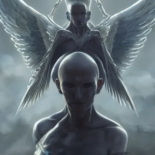 Image similar to androgynous fallen angel with shaved head on one falling through the sky while battling superior larger angels, beautiful, symmetrical, hd, highly detailed, 4 k, artgerm, cyberpunk, art by greg rutkowski