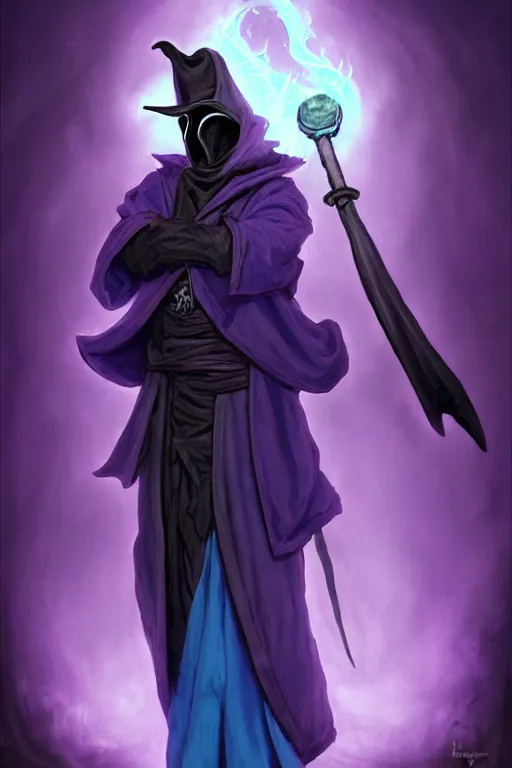 Image similar to a plague doctor with a blue wizard robes as a d & d character, blue robe, magical, blue highlights, hip hop aesthetic, purple evil aura, concept sheet, painting by gaston bussiere, demon slayer, akiri toriyama, dramatic lighting, purple lighting, anime