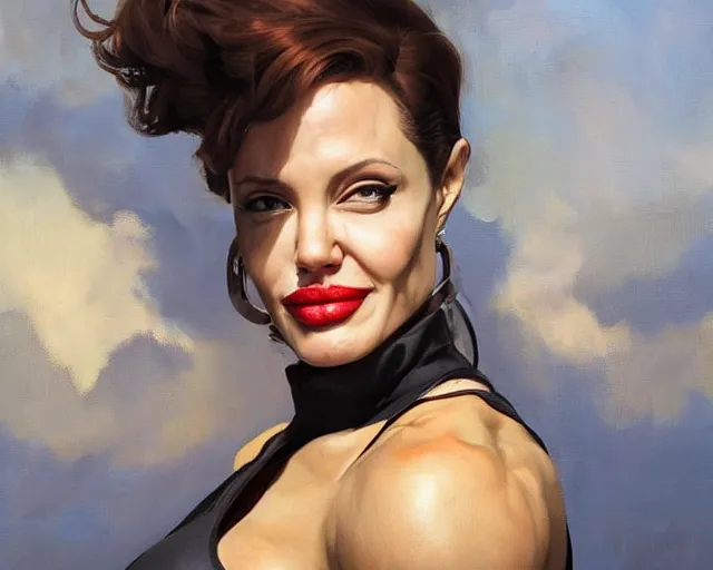 Image similar to greg manchess portrait painting of smiling angelina jolie as beautiful thick female bodybuilder zarya from overwatch, medium shot, asymmetrical, profile picture, organic painting, sunny day, matte painting, bold shapes, hard edges, street art, trending on artstation, by huang guangjian and gil elvgren and sachin teng