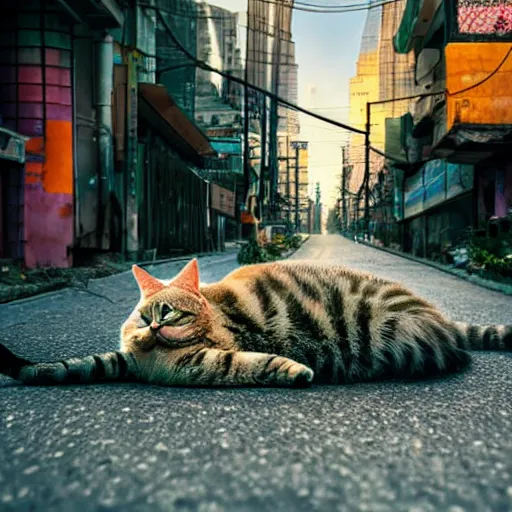 Prompt: a cat lying on the road of a cyberpunk city