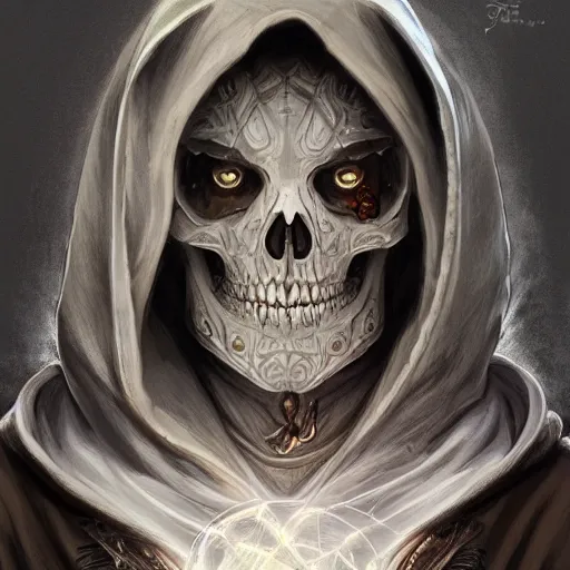 Image similar to portrait of archmage skeleton in a hoodie, d & d, face, fantasy, intricate, elegant, highly detailed, digital painting, artstation, concept art, smooth, sharp focus, illustration, art by artgerm and greg rutkowski and alphonse mucha