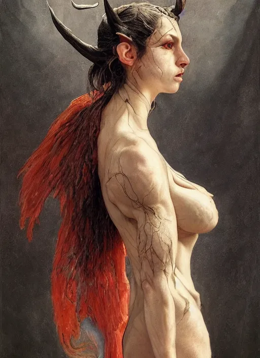 Image similar to half demon half human intricate skin hairy costume, elegant, peaceful, full body, horns, hyper realistic, extremely detailed, dnd character art portrait, fantasy art, intricate fantasy painting, dramatic lighting, vivid colors, deviant art, artstation, by edgar maxence and caravaggio and michael whelan and delacroix.