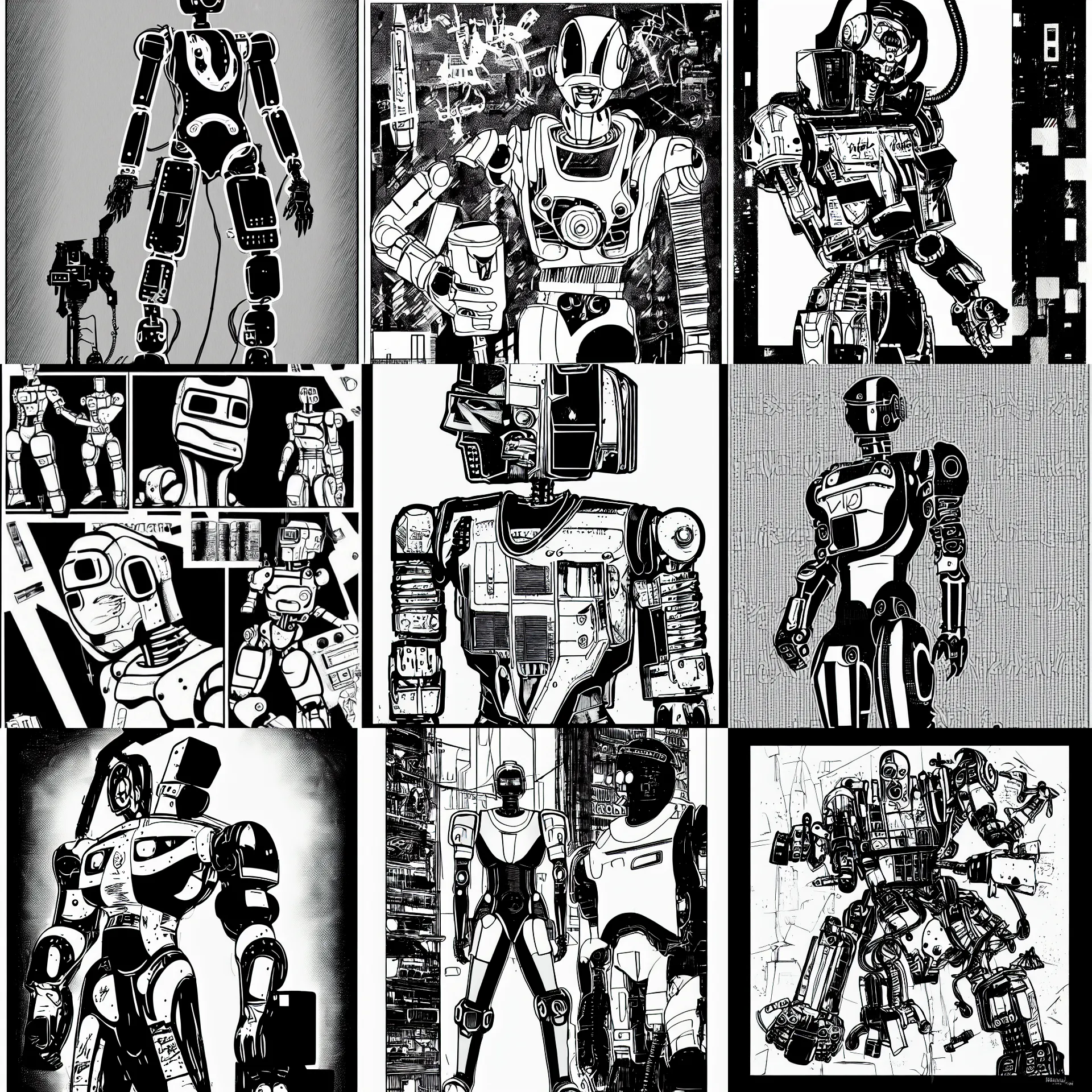 Prompt: industrial humanoid robot, a page from cyberpunk 2 0 2 0, style of paolo parente, style of mike jackson, 1 9 9 0 s comic book style, white background, ink drawing, black and white