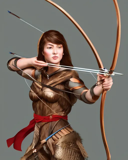 Image similar to illustration of a women posing with a bow and arrow, female archer, warrior, realistic face, heroes archery japanese, artstation trending, concept art, digital painting