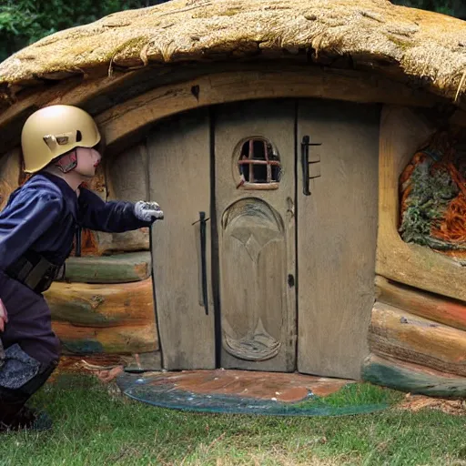 Prompt: a kid in swat gear storming a hobbit house.