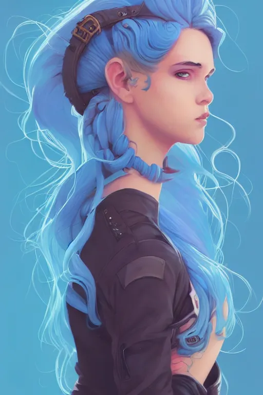 Image similar to portrait painting of a teenage girl with swept back wild blue hair, fashionable, windy, steampunk, full body, solid background color, sharp focus, award - winning, cinematic pose, cinematic lighting, trending on artstation, masterpiece, highly detailed, intricate. art by josan gonzales and moebius and deathburger