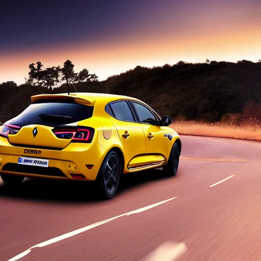 Prompt: a Renault Megane speeding during sunset