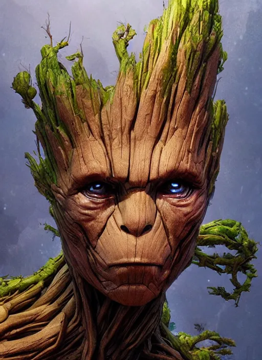 Image similar to Portrait of Groot, marvel comics, dark, intricate, highly detailed, smooth, artstation, digital illustration by Ruan Jia and Mandy Jurgens and Artgerm and Wayne Barlowe and Greg Rutkowski and Frank Frazetta