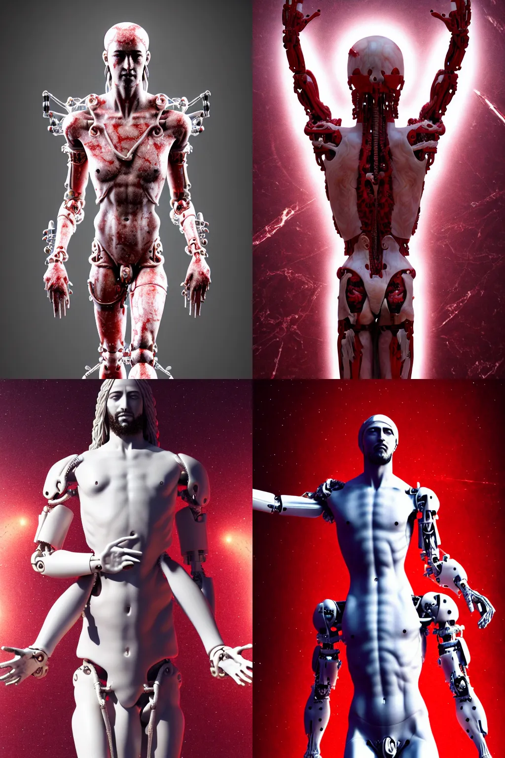 Prompt: jesus on cross a statue made of red marble, full body shot, perfect body, white biomechanical, wearing epic bionic cyborg implants, masterpiece, intricate, biopunk, vogue, highly detailed, artstation, concept art, background galaxy, cyberpunk, octane render