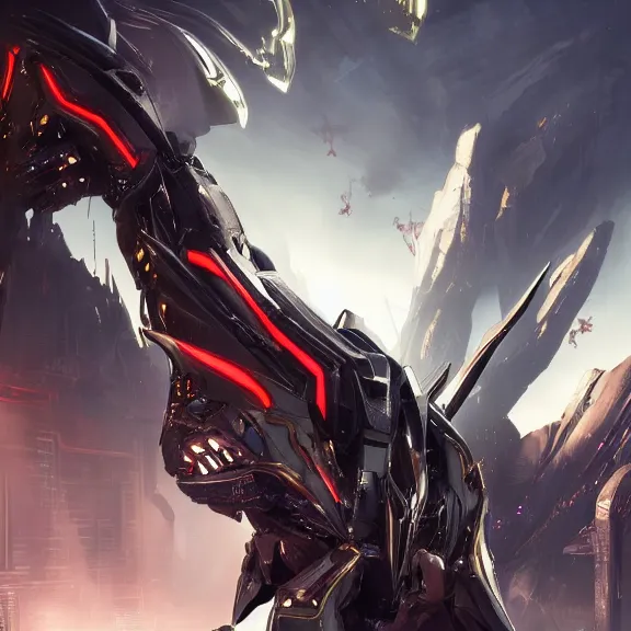 Image similar to cinematic shot, 35 foot tall extremely detailed beautiful handsome quadrupedal western robot mecha dragon, sharp edged black armor, shining gold accents around the edges, sleek OLED blue visor for eyes, four legs, walking in busy neon city streets, sharp claws, epic shot, highly detailed art, sci fi, furry, 3D realistic, warframe fanart, destiny fanart, furry art, dragon art, feral art, macro art, furaffinity, DeviantArt, sofurry