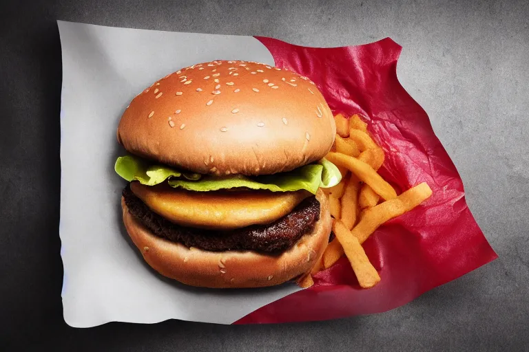 Image similar to mcdonalds hamburger burnt to a crisp, commercial photography