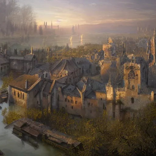 Prompt: airborne view of a downtrodden medieval town by a river in a swamp, 4k, by Greg Rutkowski, fantasy, mix of celtic and Rus architecture, cinematic