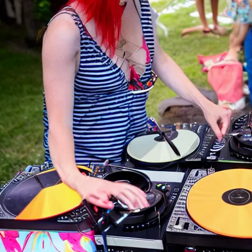 Prompt: DJ at a party, DJ is a red headed woman and is wearing a straw hat and a fanny pack