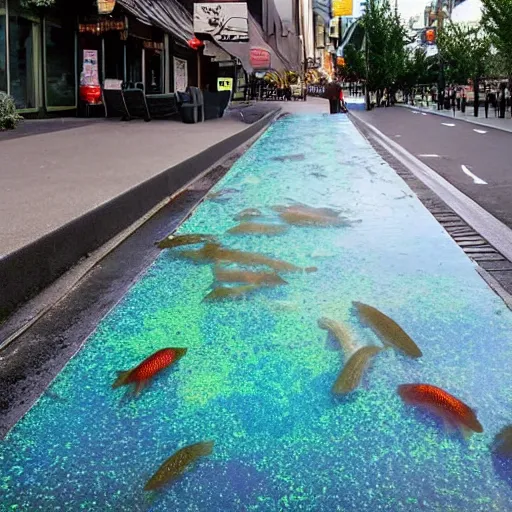 Image similar to a liquid sidewalk with a group of fish swimming inside it