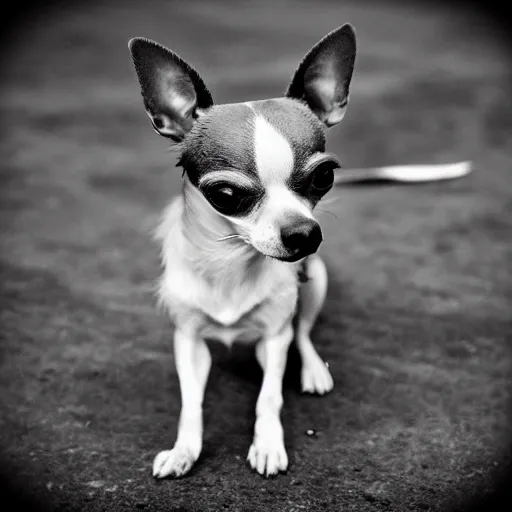 Prompt: chihuahua in the navy black and white photo vintage