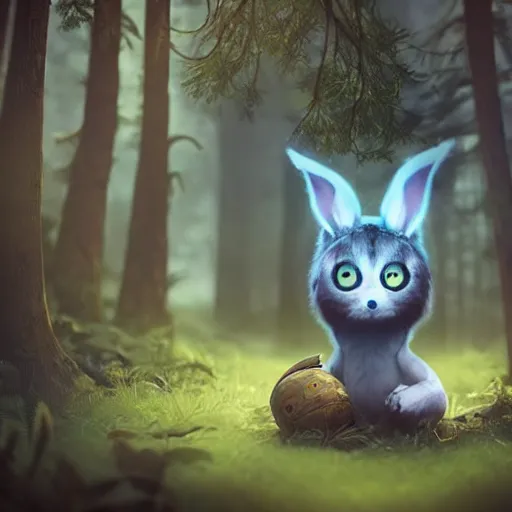 Image similar to a cute furry creature with long ears standing in a forest, big glowing eyes, fantasy, michael kutsche, concept render, cinematic lighting