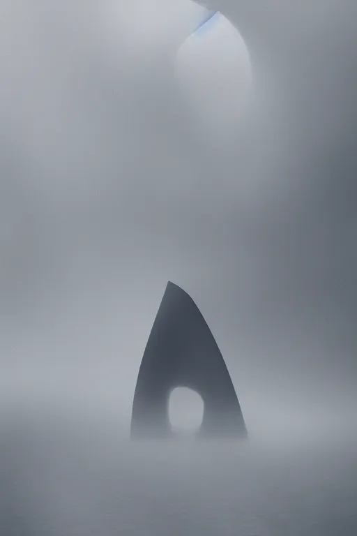 Prompt: concept art render of a single massive beautiful neo - futuristic matte symmetrical elongated oval monolith emerging from fog at dusk by ilm and denis villeneuve, emmanuel shiu, zaha hadid, trailing white vapor, architectural scale, dark background, simplified forms, hyperrealism, matte painting, volumetric, trending on artstation, cgsociety, rendered in octane