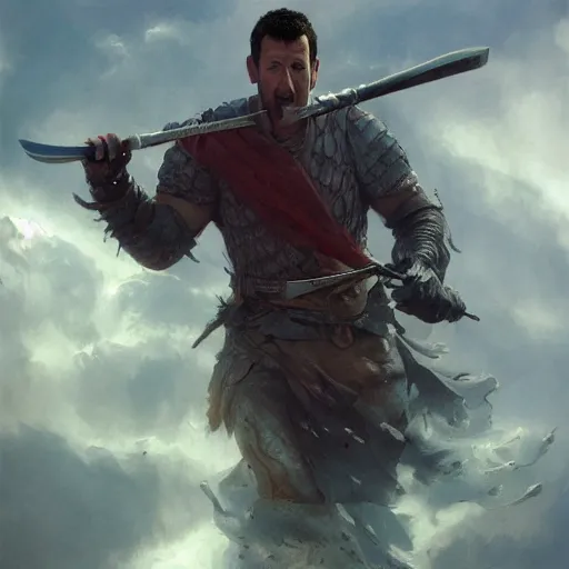 Image similar to portait of a adam sandler swinging his long sword, front game card, drark, marvel comics, dark, intricate, highly detailed, smooth, artstation, digital illustration by ruan jia and mandy jurgens and artgerm and wayne barlowe and greg rutkowski and zdislav beksinski