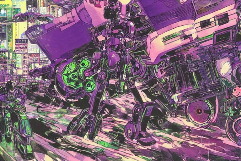 Image similar to mecha fighting against young biker in neo tokyo, very detailed, cyberpunk, akira anime, artwork, violet green magenta details, art by katsuhiro otomo