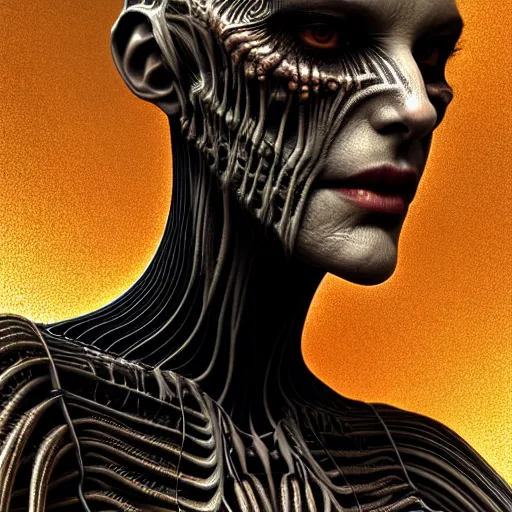 Image similar to giger fractal spider human portrait, digital art, trending in artstation, cinematic lighting, studio quality, smooth render, unreal engine 5 rendered, octane rendered, art style by klimt and nixeu and ian sprigger and wlop and krenz cushart.