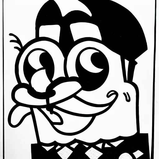 Image similar to spongebob squarepants, portrait, b&w, woodblock print, by Aubrey Beardsley