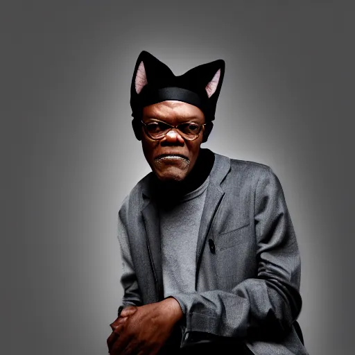 Image similar to samuel l jackson wearing cat ears and emo clothes, 4 k, hyper realistic, dslr, high resolution, landscape, beautiful